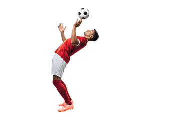 A soccer player in action, controlling the ball with his head. He is wearing a red uniform and has a focused expression as he prepares to make a play