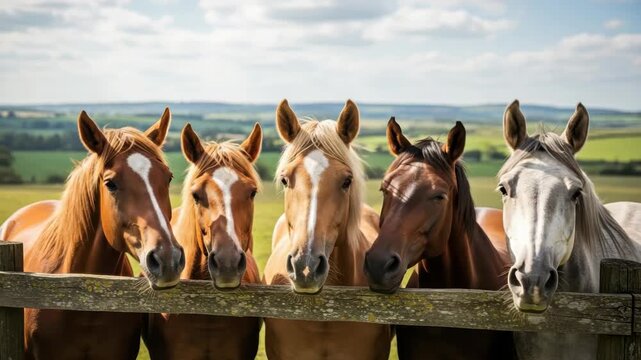 Five distinct horses including brown palomino dark bay and grey peer over an aged wooden fence in lush green field under partly cloudy sky forming striking row