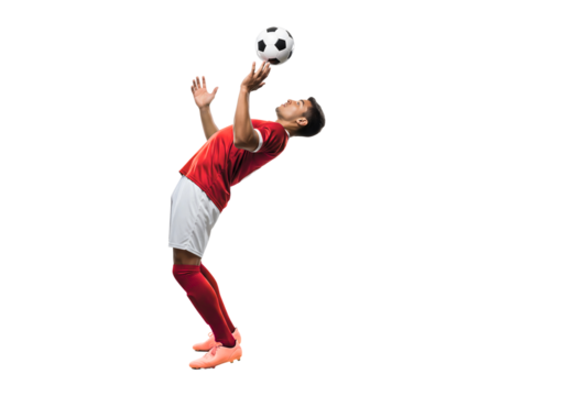 A soccer player in action, controlling the ball with his head. He is wearing a red uniform and has a focused expression as he prepares to make a play - Powered by Adobe