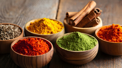 Diverse aromatic spices and seeds in wooden bowls, including turmeric, chili, matcha, cumin, and cinnamon, on a rustic wooden background.