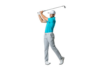 A golfer in action, captured mid-swing with a golf club, set against a clean backdrop. His focused expression and dynamic pose showcase a passion for the sport