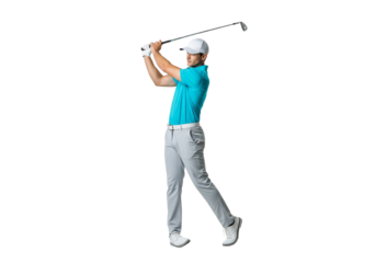 A golfer in action, captured mid-swing with a golf club, set against a clean backdrop. His focused expression and dynamic pose showcase a passion for the sport