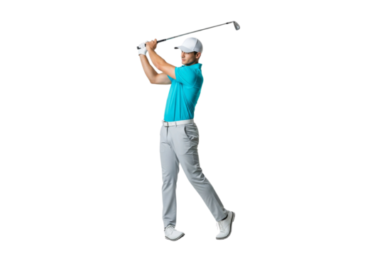 A golfer in action, captured mid-swing with a golf club, set against a clean backdrop. His focused expression and dynamic pose showcase a passion for the sport