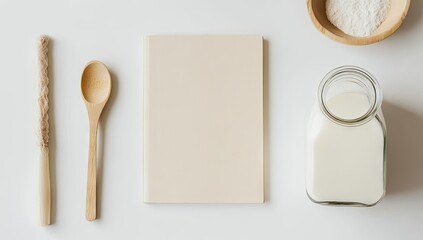 Beige notebook, wooden utensils, and milk