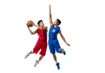 Two basketball players jumping to score points, with one dribbling the ball and the other reaching up to block it