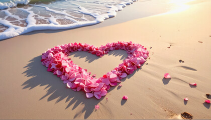 Stunning heart shape created with pink flowers on beach sand with generous space for text and personalization