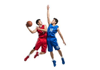 Two athletes in mid-air, engaged in a dynamic basketball game, with intense competition and action on display. They are jumping and reaching for the basketball.