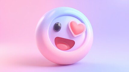 Fototapeta premium Joyful emoji with heart eye and blushing cheeks on a soft pastel pink and purple gradient background.