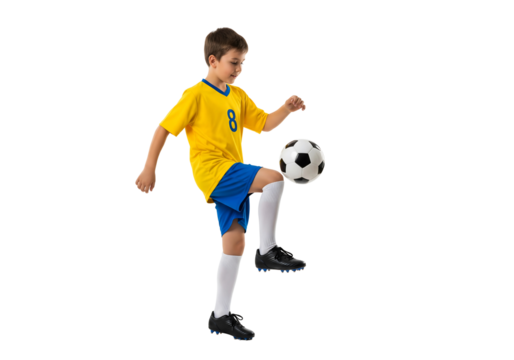 A young boy skillfully juggling a soccer ball, showcasing his athletic talent