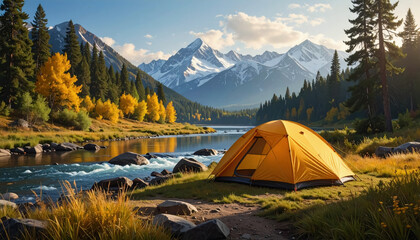 Riverside tent nestled in scenic mountains with background view for outdoor adventure and copy space for text