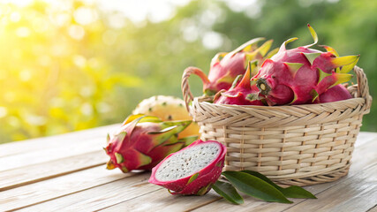 Dragon fruit in wicker basket on tiled surface in natural warm sunlight Background