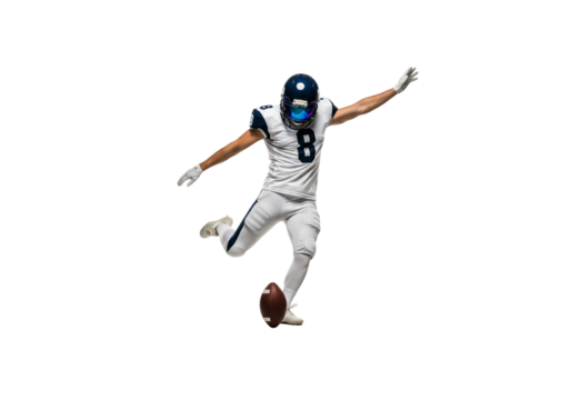 A Football Player Kicking the Ball with a Dramatic Pose. He is in the action of kicking the ball, focused and athletic. His movements is full of dynamic energy