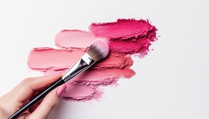 Hand holding makeup brush over various shades of pink eyeshadow and lipstick