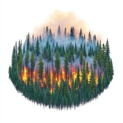Forest Fire Burning Among Pine Trees in Circular Design Aesthetic