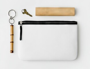 Flatlay  White zipper pouch, keys, and bamboo
