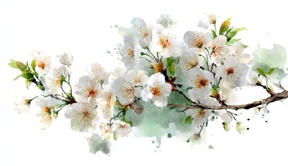 A delicate branch of springtime blossoms, painted with watercolor technique, showcasing soft white petals and subtle green leaves against a backdrop of muted watercolor stains.
