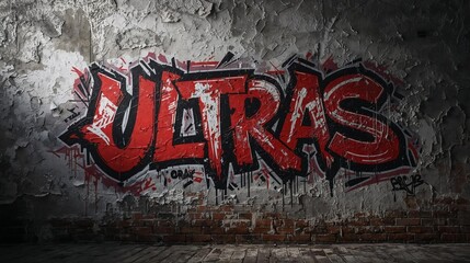 A grungy urban wall with a distressed concrete or brick texture, featuring bold graffiti text that reads 'ULTRAS' in capital letters. The graffiti is styled with spray paint effects, visible drips, ov