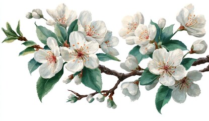 A detailed illustration of a blossoming branch, showcasing delicate white flowers and vibrant green leaves against a clean white background.