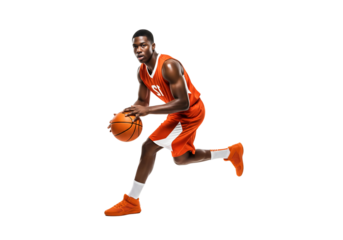 A determined basketball player dribbling the ball with focus and athletic grace, embodying strength and skill