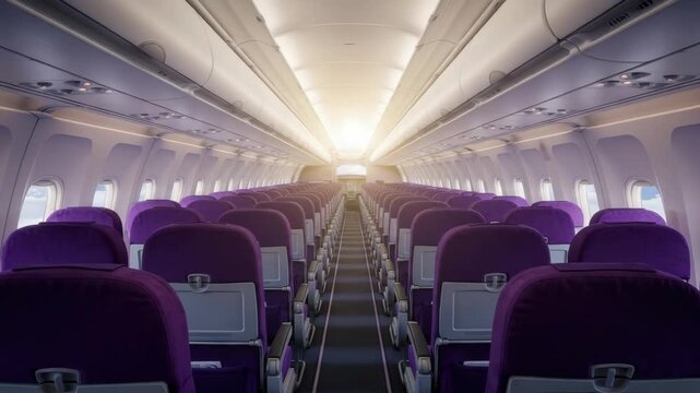 view of an empty airplane cabin featuring numerous rows of plush purple seats on either side of two aisles extending towards bright light at the front Overhead compartments and windows are visible