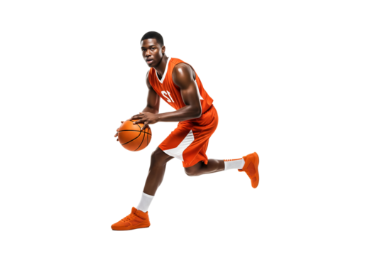 A determined basketball player dribbling the ball with focus and athletic grace, embodying strength and skill