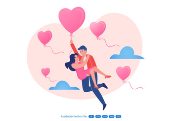 Romantic couple with heart balloons floating in the sky