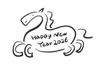 Happy new yearのロゴがある筆絵のかわいい馬のシルエット　2026 正月シンボル