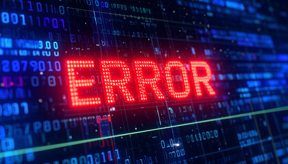 A digital interface with glowing red 'ERROR' text symbolizes software bug, glitch, and programming issue.