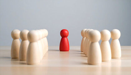A red wooden figure leads beige figures, symbolizing leadership, guidance, authority, and vision in a modern business concept.
