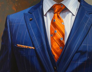 Close-up of a Man in a Blue Suit with an Orange Tie, Elegant and Stylish
