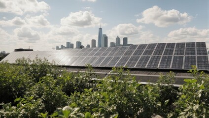 Rooftop solar panels atop a building, lush greenery, city skyline