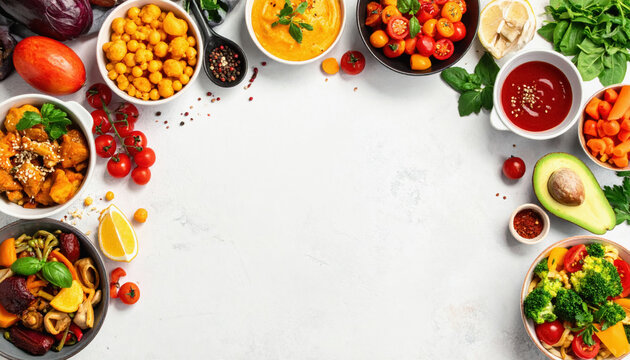 Variety of healthy food options displayed aesthetically on a table with ample space for text and descriptions