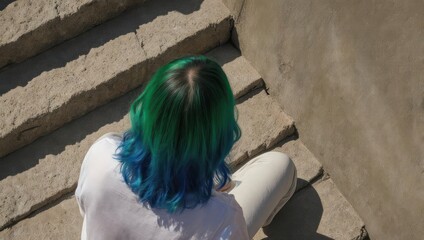 Woman with vibrant dyed hair sits on outdoor stone steps