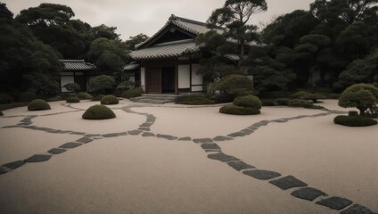 Japanese zen garden with traditional house.  Grey stone paths wind through light beige sand.  Surrounding greenery.  Cloudy sky
