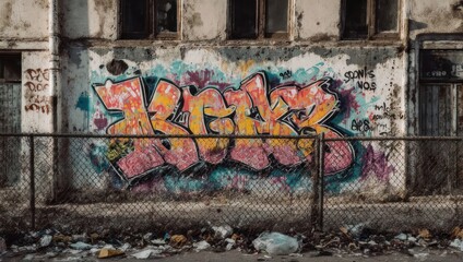 Graffiti-covered, weathered wall, behind a metal fence, surrounded by litter