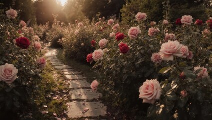 A sun-drenched path winds through a vibrant rose garden, filled with various shades of pink and red roses