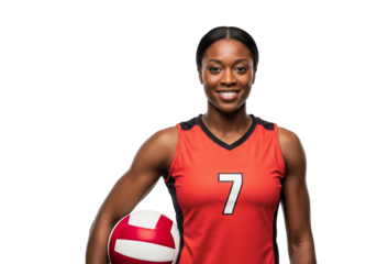 A determined volleyball player smiles confidently, holding a volleyball in hand