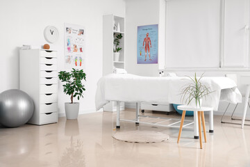 Interior of massage therapist's office with couch, shelving units and professional equipment in...