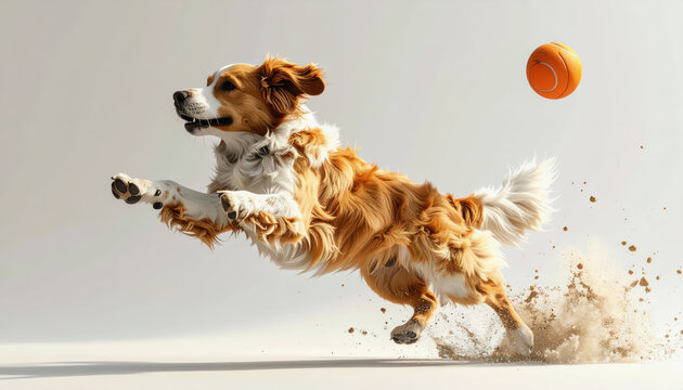 Excited dog leaping into the air with joy as it attempts to catch a frisbee against a bright white background - Powered by Adobe