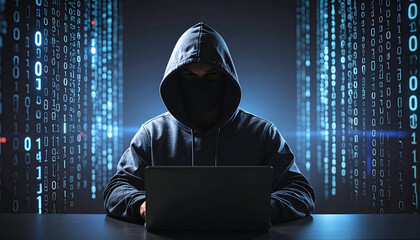 A hooded figure with glowing binary code symbolizes network security, encryption, and digital protection in a futuristic concept.