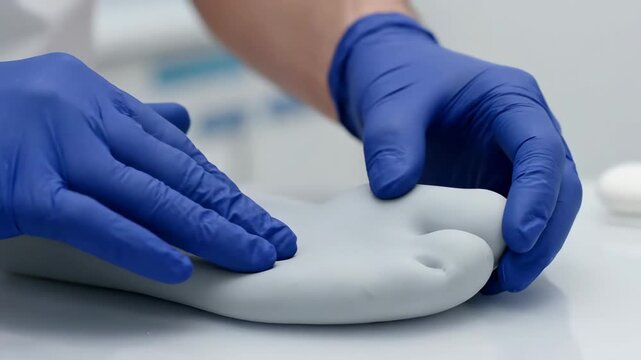 Woman in blue glove squeezing a soft spongy material. High density flexible foam test. Orthopedic footwear production for patient comfort, footage.
