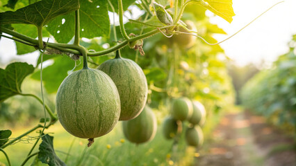 Cantaloupe Melon on tree in garden, Cantaloupe Melon hanging on tree in natural background