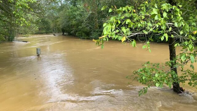 Floodwaters created from Hurricane Helene's torrential rains completely swamps a Georgia creek.