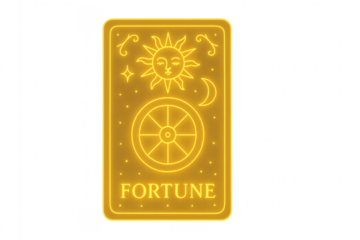 Yellow neon fortune tarot card sign, transparent background