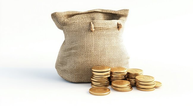 Beige canvas money bag, golden coins