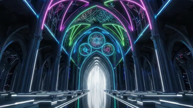 futuristic gothic hall with dark pillars and vaulted ceilings illuminated by vibrant neon arches in pink blue green A reflective floor leads to bright light bordered by glowing white seats and abstrac
