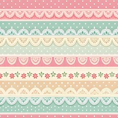 Striped Pastel Pattern with Scalloped Lace Motif. Seamless pastel stripes bordered by scalloped lace trim motif&mdash;elegant repeating design.