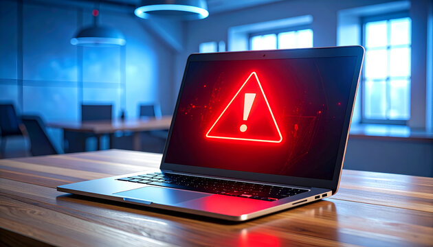 A laptop displaying a red glowing warning sign, symbolizing virus detection, malware alert, and system infection.