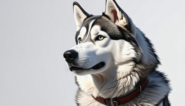 Majestic husky sled dog posed elegantly on a clean white background emphasizing its strength and endurance traits