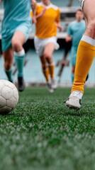 Fototapeta premium Authentic High-Quality Football Match Action with Players Kicking Ball on Stadium Field Modern Sports Lifestyle for Social Media and Marketing Campaigns